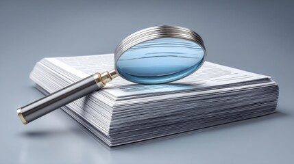Magnified glass on top of stack of newspapers representing detailed inspection of data and information in journalism