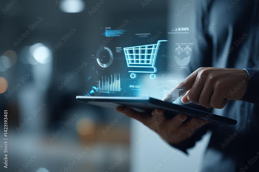 Poster close-up of hands using a tablet displaying a shopping cart icon and sales data charts, concept for 