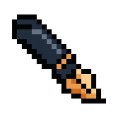 Obraz premium Pixel art fountain pen icon. Retro style black ink pen with gold nib. 8 bit vintage pixelated stationery symbol on white background. Perfect for retro games, mobile apps, websites, or presentation