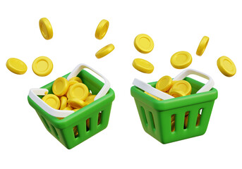 Coins in a green basket 3D graphic