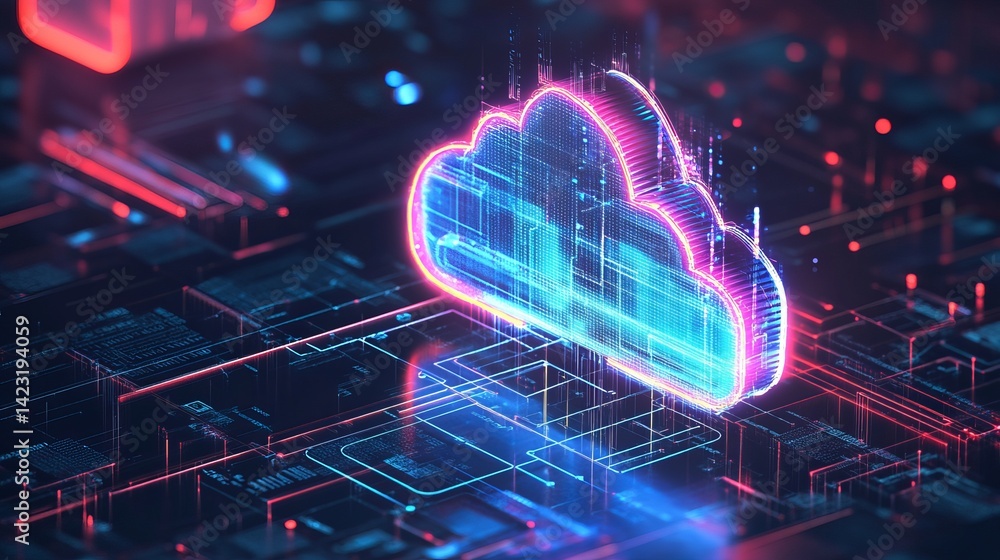 Poster abstract digital cloud computing network technology data server web red neon blue pink dark cyber