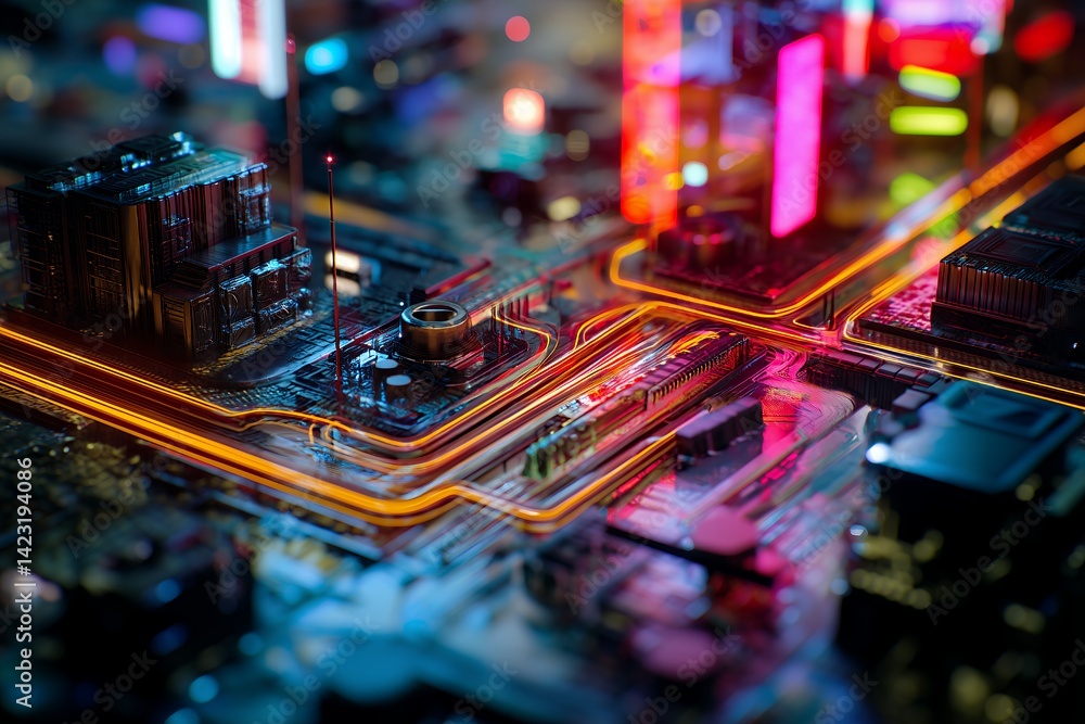 Poster close-up view of a futuristic circuit board with glowing orange lines, intricate metallic structures