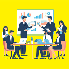 Modern Business Team in Conference Room Analyzing Charts and Graphs - Flat Vector Illustration