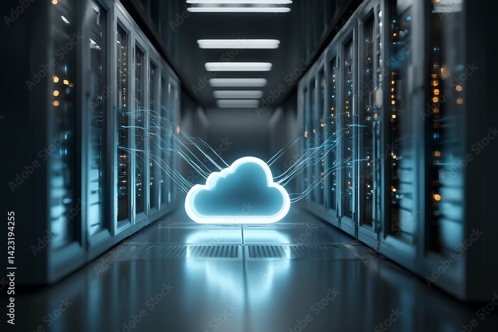 Poster glowing cloud symbol in a server room corridor, concept for cloud computing, data storage, and netwo