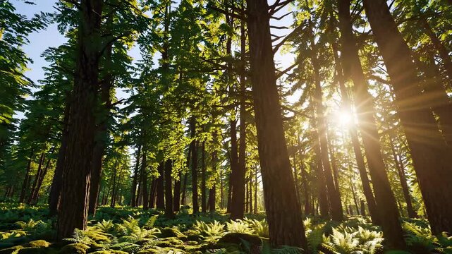 The forest is bathed in a beautiful sunny morning, with sun rays peeking through the trunks of magnificent green coniferous trees, creating an idyllic summer scene