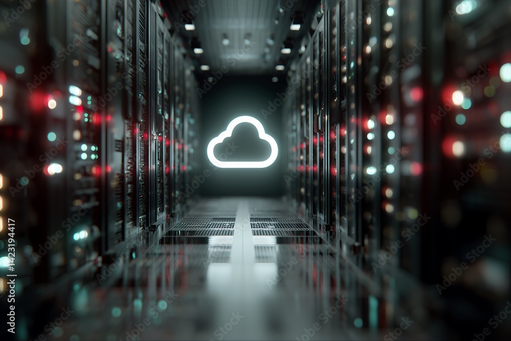 Aufkleber a long corridor of server racks with glowing cloud icon in the distance, concept for data center, cl