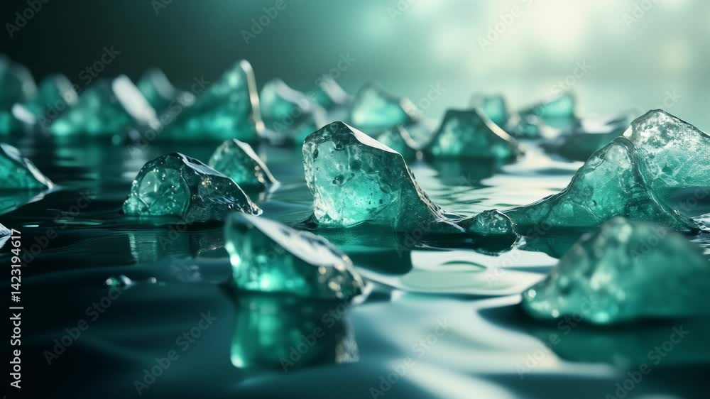 Poster translucent teal waves glow with inner light, reflecting on a smooth surface, amidst stylized crysta