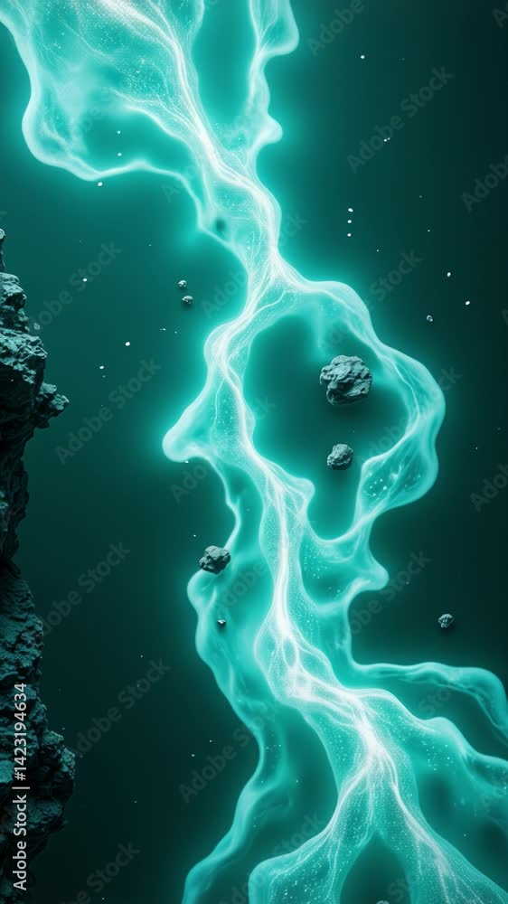Poster translucent teal waves glow with inner light, reflecting on a smooth surface, amidst stylized crysta
