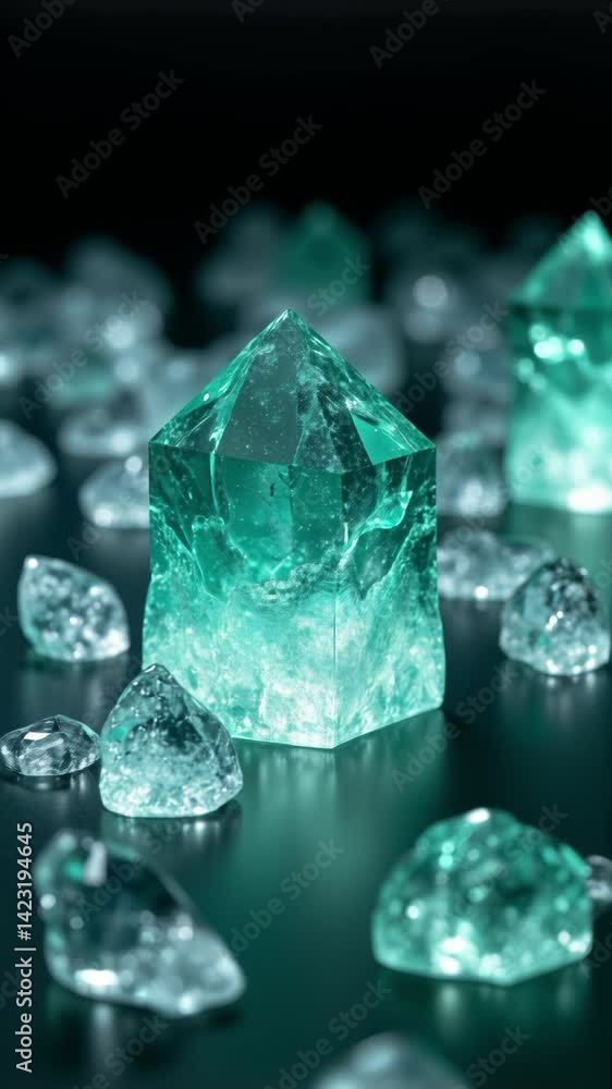 Poster translucent teal waves glow with inner light, reflecting on a smooth surface, amidst stylized crysta
