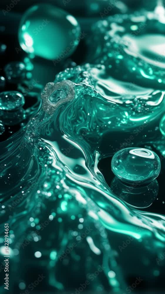 Poster translucent teal waves glow with inner light, reflecting on a smooth surface, amidst stylized crysta