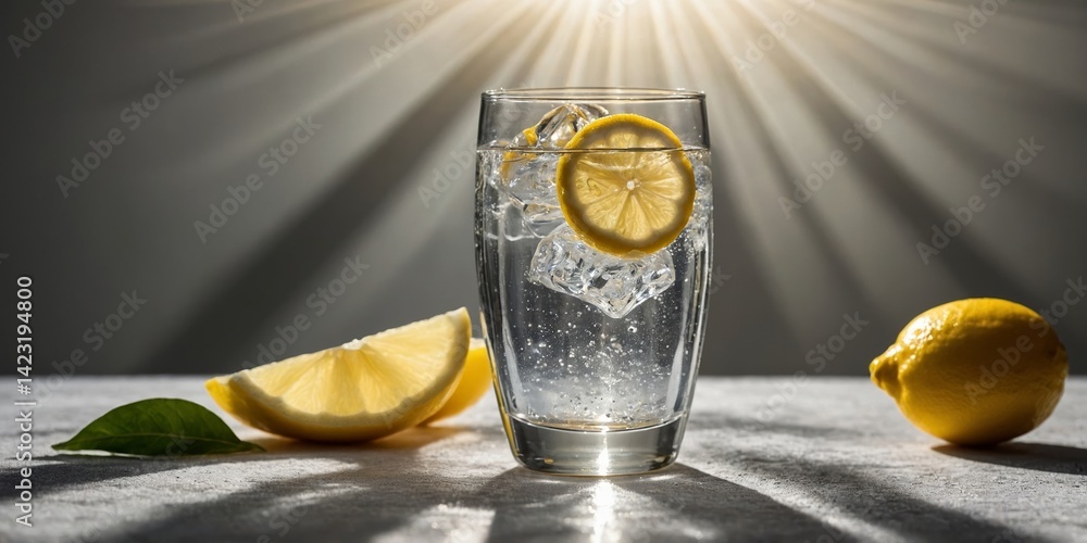 Poster refreshing lemon water served with ice and lemon slices illuminated by sunlight in a cozy setting