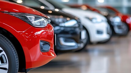 Large stock of used cars for sale with blurred, glowing background and bokeh effect 