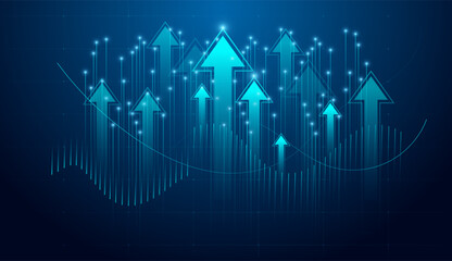 Glowing arrows rise powerfully against a digital backdrop, symbolizing rapid upward trends and success. and  growing technology on grid lines dark blue background