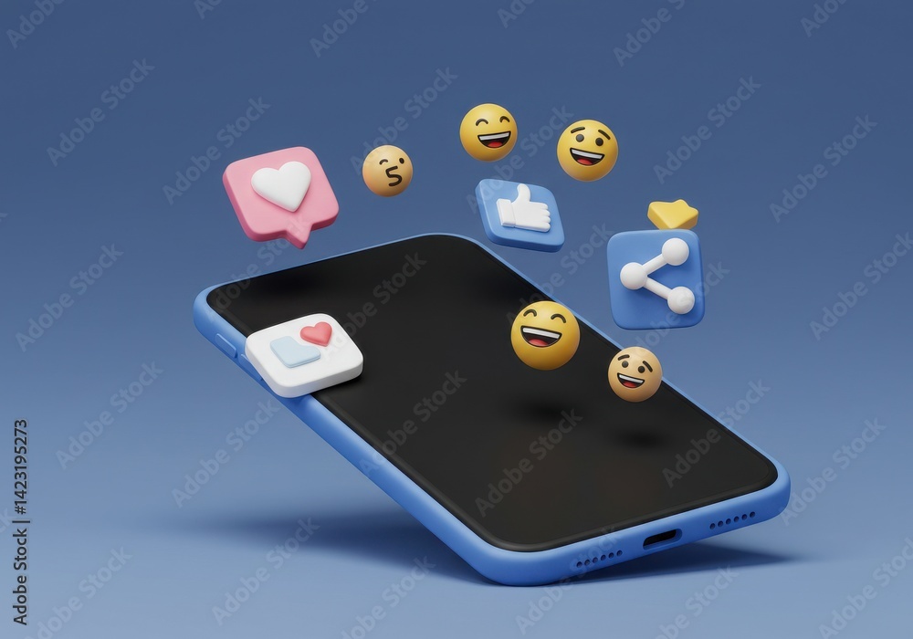 Poster a smartphone with social media icons and emojis floating around it on a blue background render image