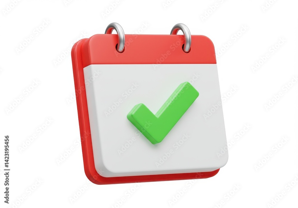 Poster a calendar with a red border and a green check mark on a white background in a rendered image