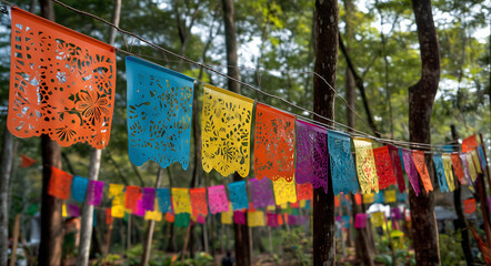 Colorful papel picado banners hanging among trees.