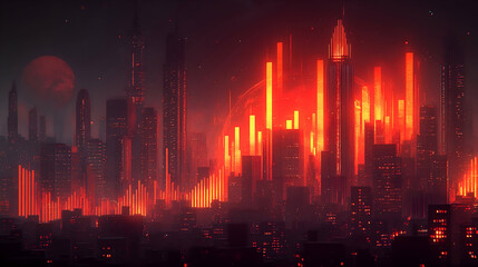 Dark city skyline illuminated with red light against a backdrop of planets and stars in the night sky