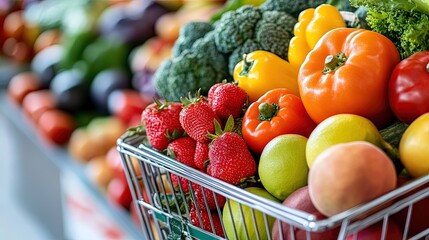 Organic grocery shopping with a cart filled with ripe fruits and fresh vegetables 