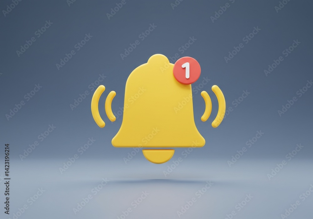 Poster a yellow notification bell with sound waves and a red circle with the number one on a gray backgroun