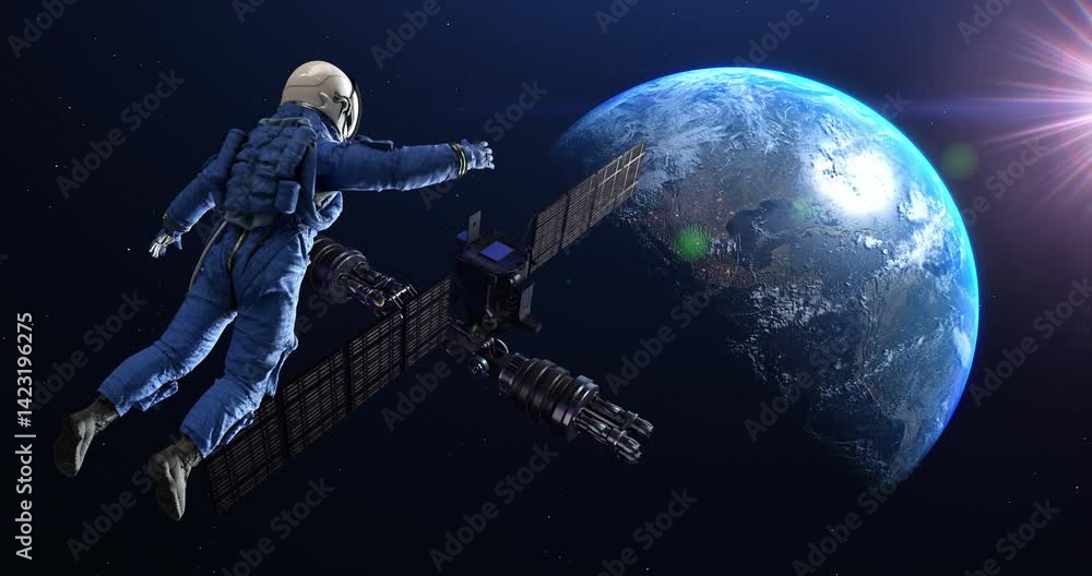 Wall mural astronaut flying in zero gravity near space station. space and technology related 3d animation.