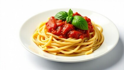 Spaghetti with fresh basil, tomato sauce on white background , italian, pasta, cuisine