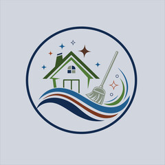 House Cleaning Logo with Sparkles and Broom – Home Hygiene and Cleaning Service Icon