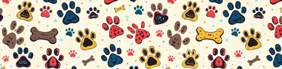 Fototapeta premium Colorful Dog Bone Paw Doodle Vector Seamless Wallpaper Background For Animal Lovers , dog breed design, dog design