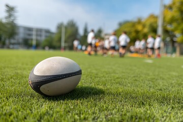 Close-up of a rugby ball on a green field with blurred rugby players in the background, concept for sports advertising, team building, and athletic events
