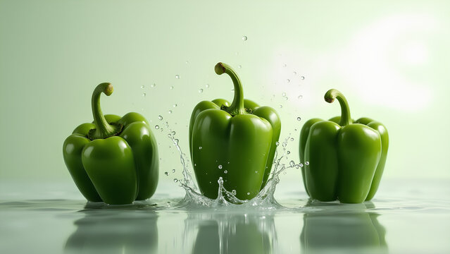 Vegetables, Fresh Green Bell Peppers with Water Splash, generated