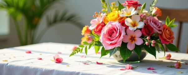 Colorful floral arrangement on white tablecloth , flowers, table