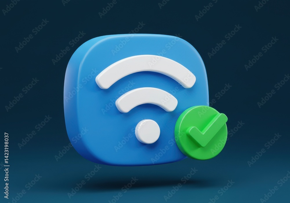 Aufkleber a blue wifi icon with white waves and a green check mark on a dark blue gradient background image re