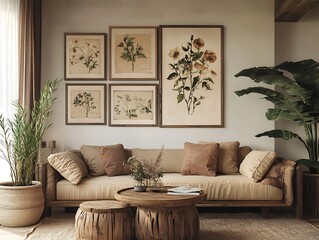 Cozy Living Room Interior With Sofa Plants Artwork and Decorative Elements