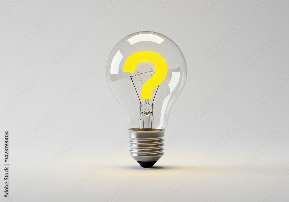 Poster a lightbulb with a yellow question mark inside on a white background in a studio setting idea concep