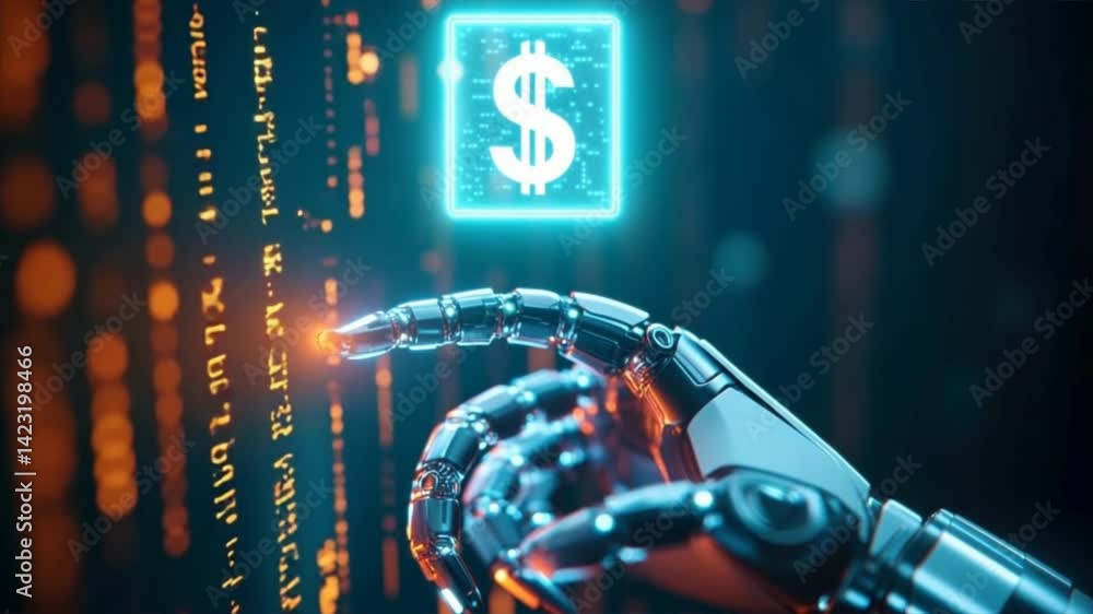 Poster futuristic robotic hand reaching towards a digital currency symbol, showcasing the intersection of a