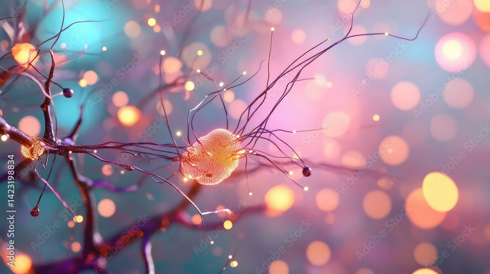 Poster electric data pulses moving through 3d circuits of an abstract neural network
