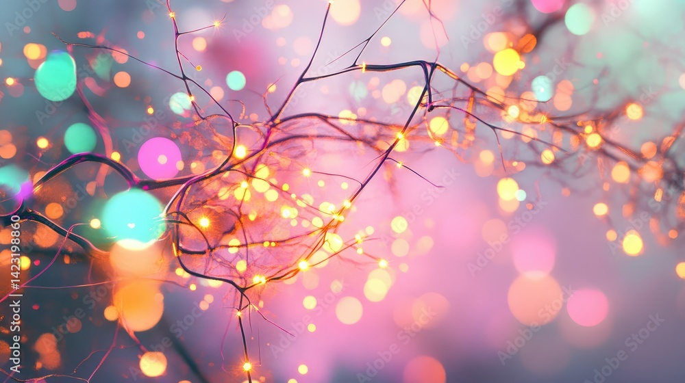 Poster electric data pulses moving through 3d circuits of an abstract neural network