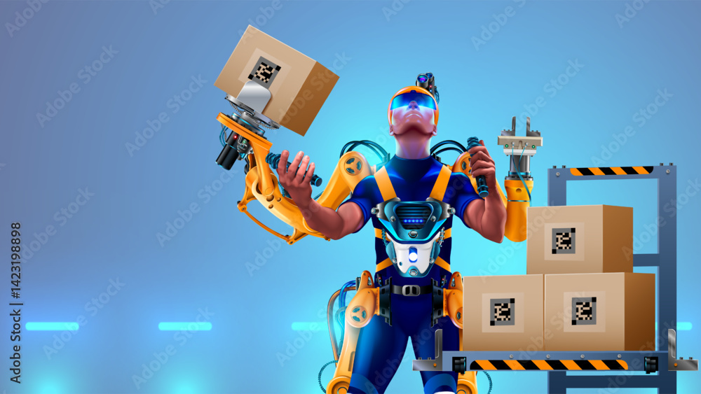Poster engineer is working in futuristic bionic exoskeleton and picking up boxes on factory. robotic exosui