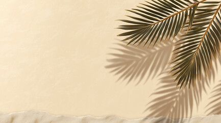 Fototapeta premium Palm leaf casting shadow on sandy surface.