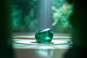 Stunning Raw Emerald Gemstone with Vibrant Green Hue, Sparkling Precious Crystal on a Reflective Surface with Soft Green Background, Ideal for Luxury Jewelry and Nature Themes