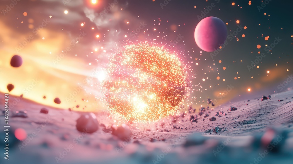 Poster neon particle splash in a 3d space with glowing wave lines moving across a deep futuristic void