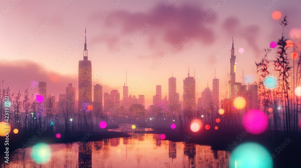 Poster virtual cityscape networked in the metaverse, colorful lights mapping user paths in a digital ecosys