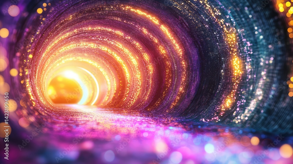 Poster wireless communication tunnel made of light streams and data particles in a glowing grid