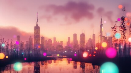 Obraz premium Virtual cityscape networked in the metaverse, colorful lights mapping user paths in a digital ecosystem