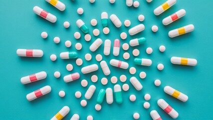 Colorful arrangement of various pills and capsules spread out on a vibrant turquoise background, showcasing diversity in pharmaceutical medicine and healthcare concepts for creative