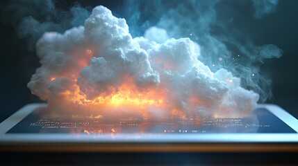 Dramatic cloud explosion on digital tablet screen fiery orange and white cloud computing technology