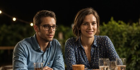 Cozy evening outdoor dining scene featuring two individuals enjoying drinks at a wooden table, illuminated by warm string lights and surrounded by lush greenery, perfect for lifestyle