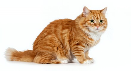 Fluffy Ginger Cat with Striped Fur Sitting on Bright White Background Perfect for Decoration and Illustration