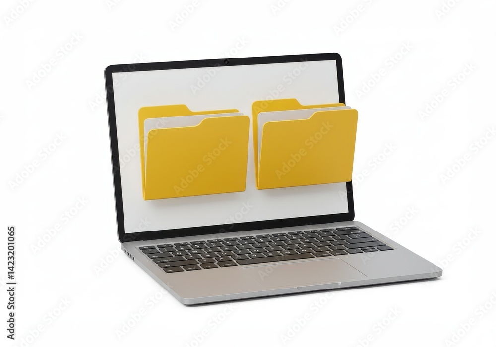 Poster laptop displaying two yellow folders on its screen against a plain white background in a studio shot
