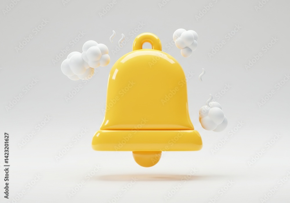Poster a yellow bell with white clouds floating around it on a white background in a rendered style