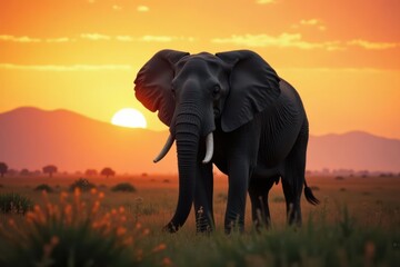 Fototapeta premium Grey elephant stands alone in misty savannah at dusk, nature, safari